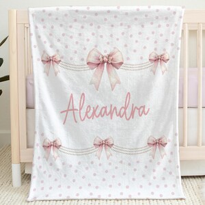 Personalized baby girl bow blanket, coquette name blanket, custom bows girls swaddle blanket, pink bow baby girl gift, newborn girly blanket