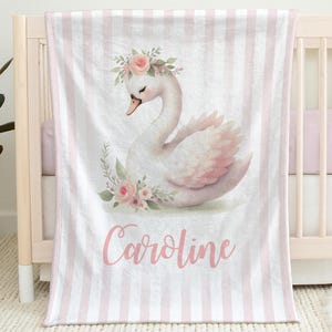 Floral swan baby blanket with name, flower pink girls newborn swaddle blanket, personalized swan theme baby gift