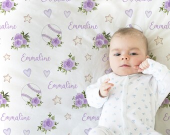 Personalized Girl Baseball Baby Blanket: Purple Floral Swaddle