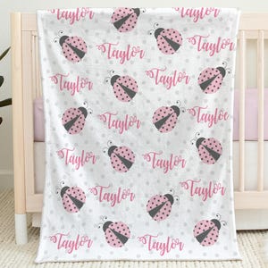 Ladybug baby name blanket, personalized newborn ladybug swaddle blanket, pink ladybug baby gift with name