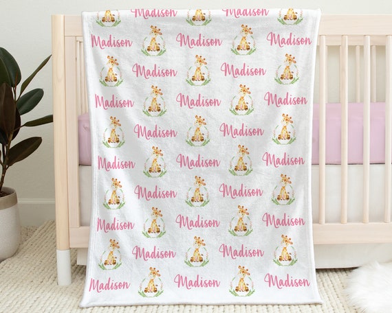 Baby girl giraffe blanket, personalized floral giraffe pink name blanket, watercolor floral greenery giraffe swaddle, giraffle baby gift Il_570xn