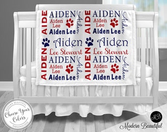 Puppy paw print baby blanket with name, dog print newborn blanket, boy or girl personalized animal paw baby gift, (CHOOSE COLORS)