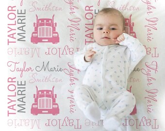 Personalized Big Rig Trucker Baby Name Blanket