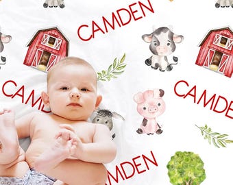Manta personalizada para bebé con diseño de animales de granja: vaca, cerdo y oveja.