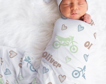 Personalized Motocross Baby Swaddle Blanket: Dirt Bike Theme Newborn Nursery