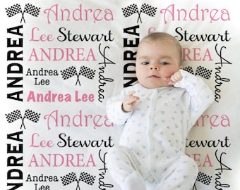 Personalized Race Flag Baby Blanket: Girl Pink Checkered Flag Newborn Swaddle with Name