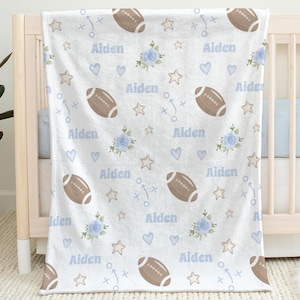 Football blanket flowers for baby boy, personalized football baby gift, baby blue football boy blanket, personalized sports name blanket