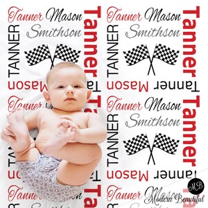 Racing flag baby blanket, drag racing baby blanket, racing baby gift, dragster baby blanket, racing name blanket, street racing baby blanket image 1