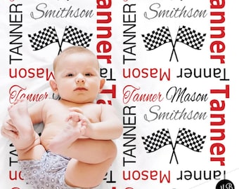 Racing flag baby blanket, drag racing baby blanket, racing baby gift, dragster baby blanket, racing name blanket, street racing baby blanket