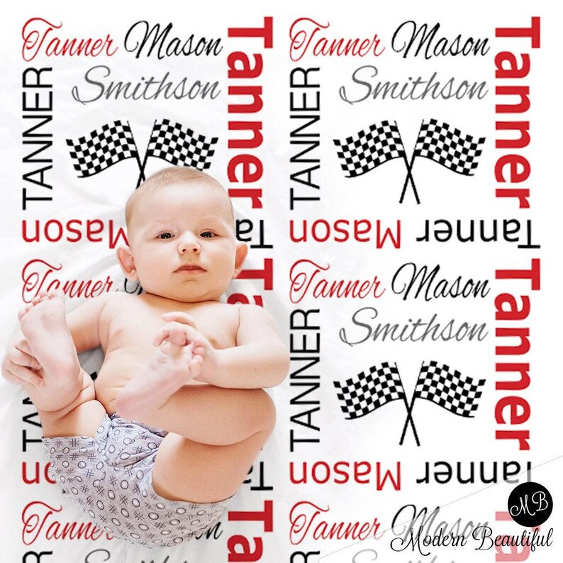 Racing flag baby blanket, drag racing baby blanket, racing baby gift, dragster baby blanket, racing name blanket, street racing baby blanket image 1