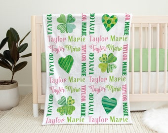 Shamrock hearts personalized baby blanket, st patricks lucky girls name blanket, clover newborn baby gift, baby boy or girl, (CHOOSE COLORS)