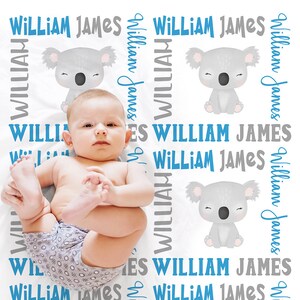 Baby boy koala bear baby blanket, koala name swaddle blanket, baby blanket, personalized newborn koala baby gift, boy or girl, choose colors