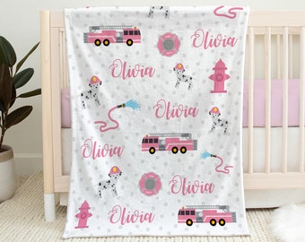 Pink firetruck blanket, girl fire fighter personalized blanket, pink firetruck baby gift, polka dot, personalized blanket, choose color