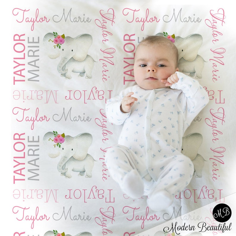 Baby girl elephant name blanket in pink and gray, personalized baby gift, blanket, baby blanket, personalized blanket, choose colors image 1