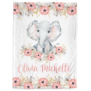 Elephant baby girl blanket, personalized watercolor elephant flower blanket with name, floral newborn baby swaddle, pink elephant baby gift image 3