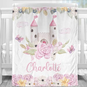 Castle baby name blanket, baby girl princess swaddle blanket, fairy-tale castle personalized newborn baby gift, pink princess castle blanket