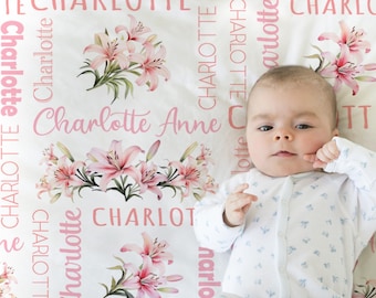 Lily personalized girls blanket, newborn baby name blanket with lily flowers, spring baby girl name swaddle, floral lillies baby gift