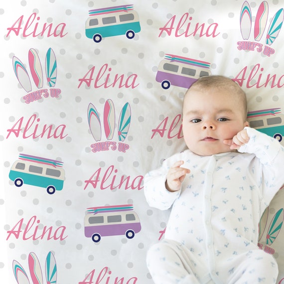 Surfboard Baby Name Blanket Personalized Girl Surfing Blanket Newborn Beach Surfing Van Baby Gift Ocean Beach Baby Swaddle CHOOSE COLORS Etsy Canada