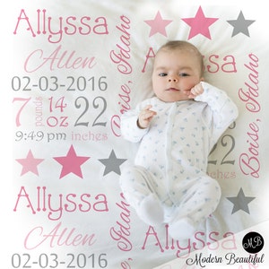 Newborn baby blanket with stars, personalized stars baby gift with birth info, stats newborn baby name blanket, (CHOOSE COLORS)