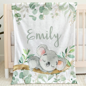 Koala baby blanket with eucalyptus leaves, newborn swaddle blanket with name, koala baby gift, (CHOOSE COLORS)