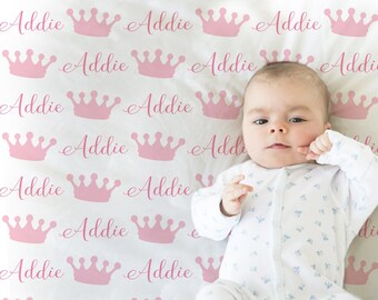 Princess baby girl blanket, crown personalized name blanket, newborn pink crown swaddle, princess baby gift, (CHOOSE COLORS)