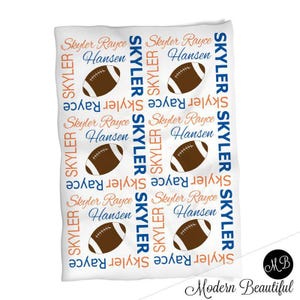 Football baby blanket, boy or girl football sports name blanket, team color personalized football swaddle blanket, football baby gift image 2