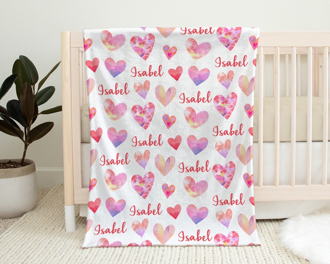 Valentines Baby Blanket, Watercolor Hearts Personalized Newborn Baby