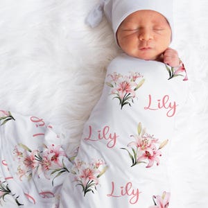 Personalized lily swaddle blanket floral jersey baby blanket newborn lily baby shower gift flower jersey swaddle customized monogram