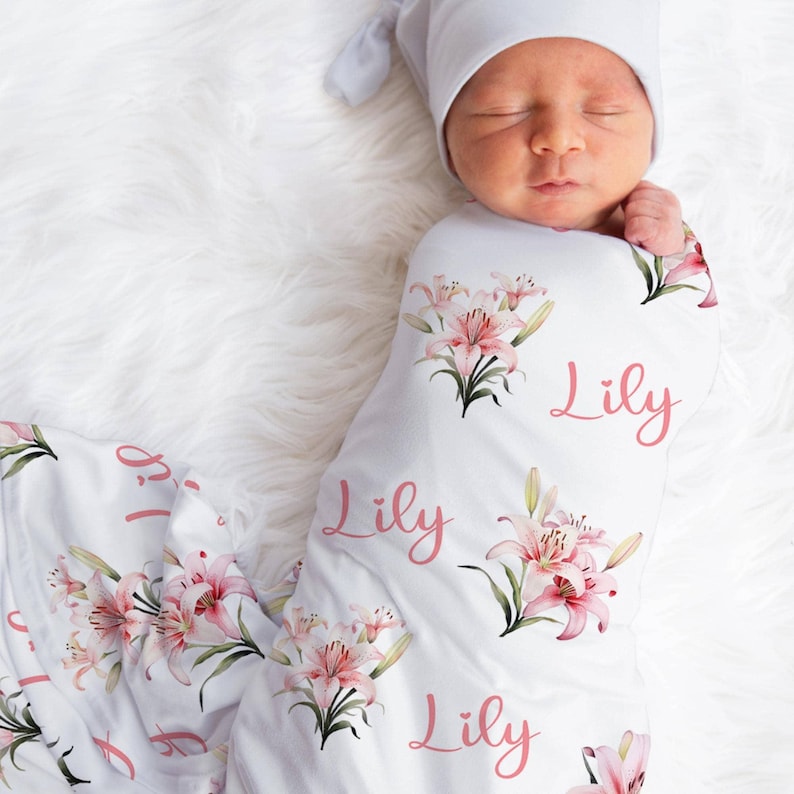 Personalized lily swaddle blanket floral jersey baby blanket newborn lily baby shower gift flower jersey swaddle customized monogram Bild 1