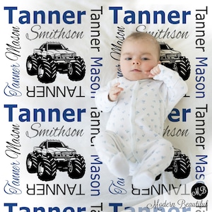 Monster truck baby blanket, personalized name swaddle blanket with trucks, big truck newborn gift, baby boy or girl, (CHOOSE COLORS)