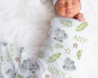 Elephant baby blanket personalized boys newborn name blanket with elephants safari animal baby gift baby shower newborn new mom gift