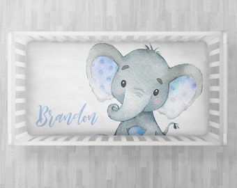 Elephant crib sheet, blue, personalized baby crib sheet, boy, elephant crib sheet baby name,  fitted crib sheet, choose color