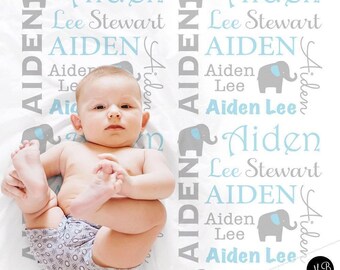 Personalized Elephant Baby Name Blanket Blue