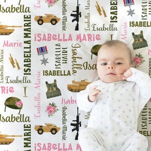 Military baby blanket, girl pink personalized army marines newborn blanket, tank baby blanket, personalized armed forces baby gift, flowers