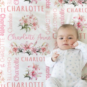 Lily personalized girls blanket, newborn baby name blanket with lily flowers, spring baby girl name swaddle, floral lillies baby gift