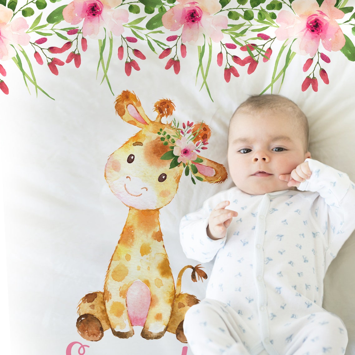 Floral Giraffe Baby Blanket Newborn Girl Giraffe Blanket With Etsy