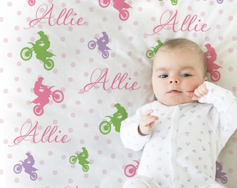 Motocross baby blanket, personalized girl dirt bike blanket, motorcycle baby gift, dirt bike newborn swaddle name blanket,  (CHOOSE COLORS)