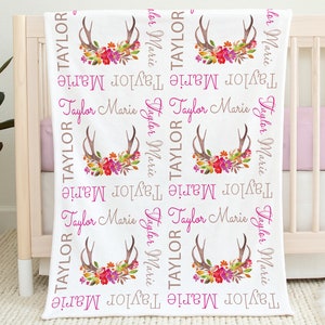 Floral deer antler baby blanket , girl newborn antler personalized blanket, hunting baby girl antler gifts, deer antler swaddle blanket