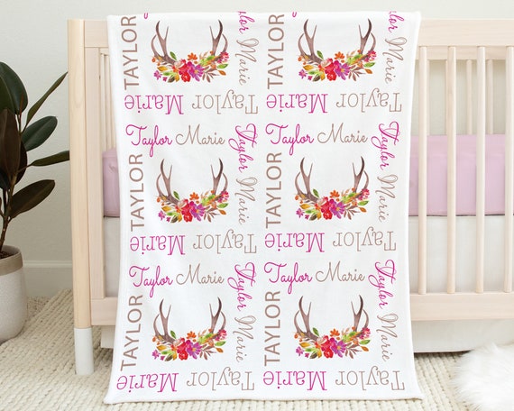 Floral deer antler baby blanket , girl newborn antler personalized blanket, hunting baby girl antler gifts, deer antler swaddle blanket Il_570xn