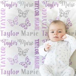Personalized Butterfly Baby Blanket Girl Purple Butterfly Baby Gift Newborn Swaddle Butterfly Nursery Decor for Baby Girl Purple and Gray