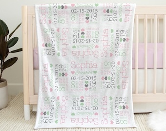 Newborn baby blanket with birth stats, hearts pink and mint personalized blanket with name, heart baby gift with birth info, (CHOOSE COLORS)