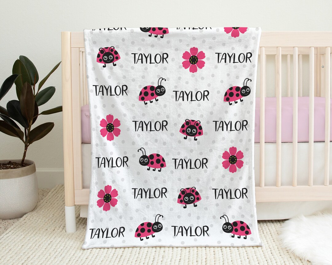 Hot Pink and Black Baby Ladybug Blanket, Personalized Newborn Girls Ladybugs Name Blanket