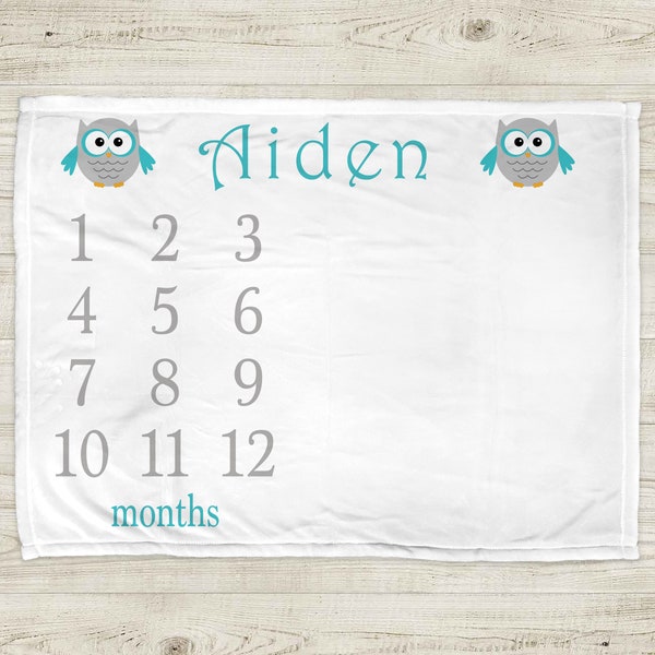 Owl milestone blanket, personalized owl theme nursery baby gift, boy, monthly milestone baby growth photo blanket, blue gray