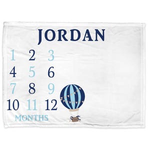 Hot air balloon monthly milestone baby blanket, balloon personalized name blanket, newborn boys growth blanket, hot air balloon baby gift