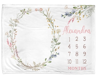 Manta de hitos florales, regalo personalizado de flores silvestres para bebé niña, rastreador mensual, manta floral con nombre para bebé