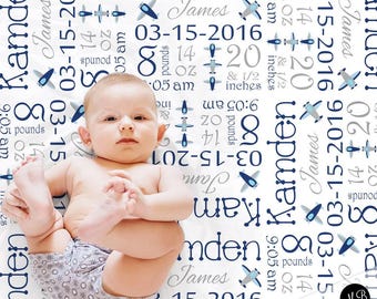 Birth stats airplane blanket, personalized aviation baby gift, baby stats blanket with birth information, (CHOOSE COLORS)