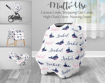 Whale baby car seat cover, girl nautical newborn infant carseat cover, ocean whale personalized newborn baby name gift, whale baby cover