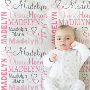 Personalized hearts Name Blanket in pink and gray for Baby Girl, personalized baby gift, blanket, baby blanket, custom blanket, choose color