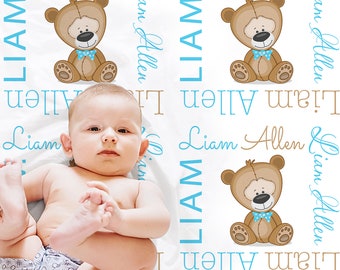 Baby boy teddy bear personalized blanket, newborn bear swaddle blanket, bear baby blanket, bear baby gift, boys or girls, choose colors