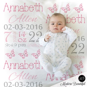Birth Stats baby gift blanket with butterfly, girl stats personalized blanket, girl butterfly baby blanket, baby shower gift, girl baby gift